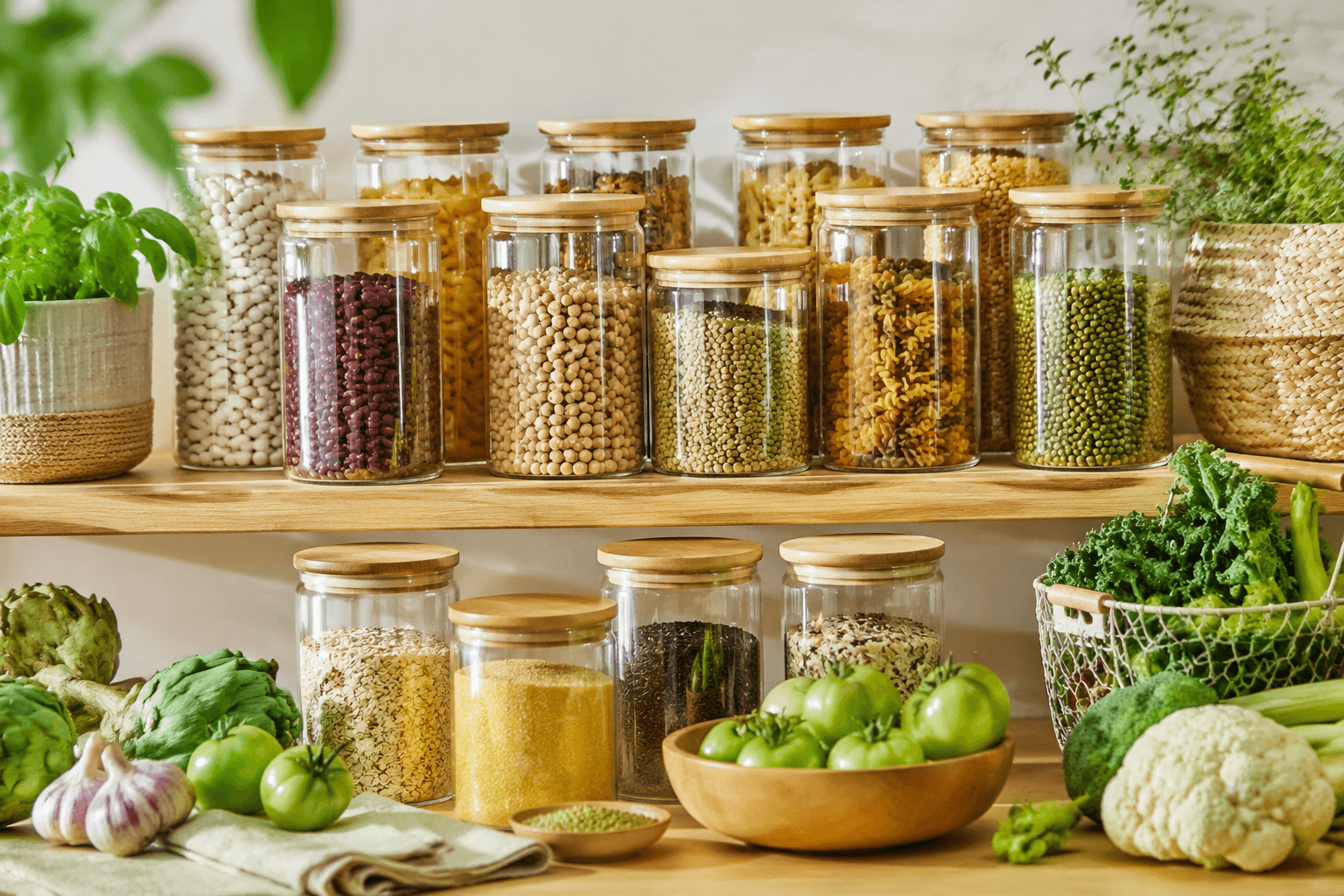 An organised pantry shelf full of airtight jars and fresh produce
