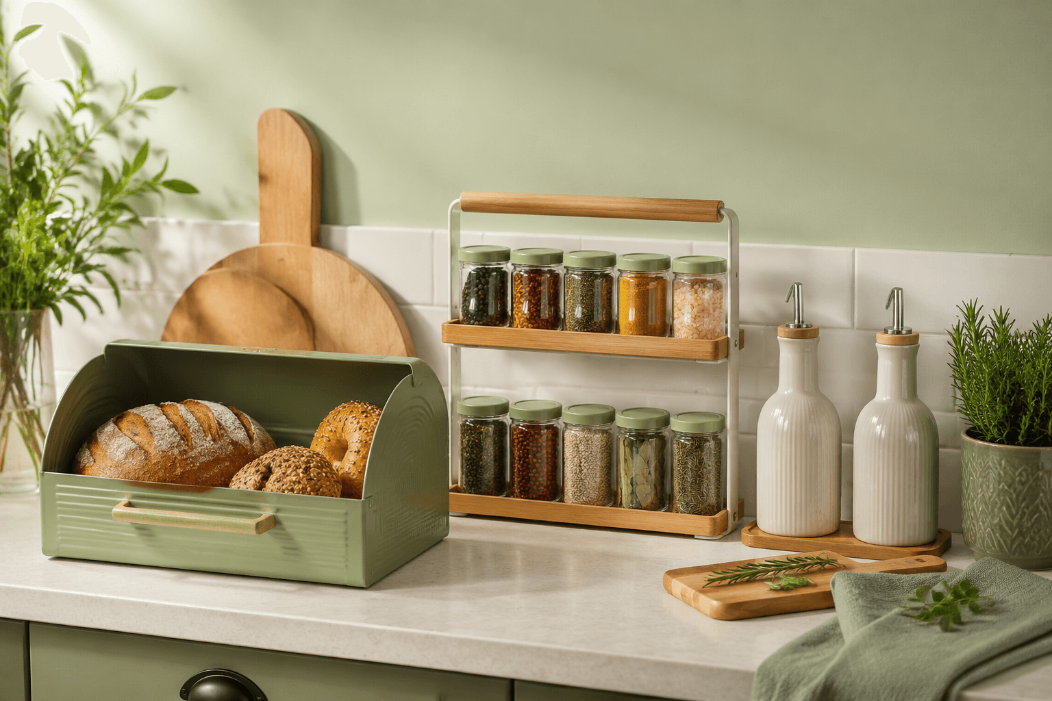 Kitchen worktop organised with storage